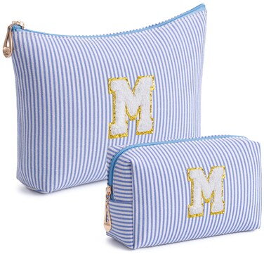 Blue Personalized Initial Makeup Bag Set, Cute Preppy Travel Toiletry Cosmetic Bags, Small Make Up Pouch, Birthday Gifts for Women, Girls, Friends, (M)