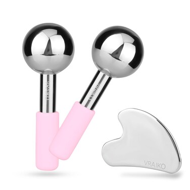 ICE Globes for Facials &amp; Gua Sha Set, Gua Sha Facial Tools and Cryo Sticks with Unbreakable Steel, Face Massager Cooling Rollers for Dark Circles, Puffiness and Lymphatic Drainage (Pink)