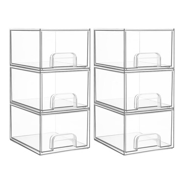 Vtopmart 6 Pack Clear Stackable Storage Drawers, 4.4'' Tall Acrylic Bathroom Makeup Organizer,Plastic Storage Bins For Vanity, Undersink, Kitchen Cabinets, Pantry, Home Organization and Storage