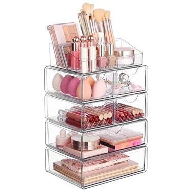 Vtopmart 5 Tier Clear Makeup Organizer with Drawer, Cosmetic Storage for Dresser Countertop and Bathroom Vanity, Beauty Holder for Lipstick Brush Skincare