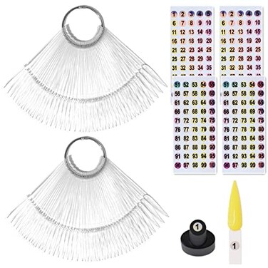 100pcs Nail Swatch Sticks with Number Stickers Nail Color Display Stiletto Tips Clear Nail Sample Sticks with Ring Practice Nail Tips Nail Supplies for Nail Techs Professional Nail Salon