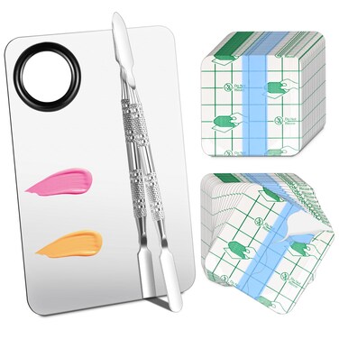 Makeup Mixing Palette Set, Makeup Hand Palette Single Use Makeup Mixing Tray Disposable Adhesive Cosmetic Makeup Palette Transparent Makeup Tape, Stainless Steel Foundation Mixing Palette with Spatula