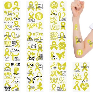 WANDIC 30 Sheets Bone Cancer Awareness Temporary Tattoos, Yellow Ribbon Awareness Tattoo Sticker Cancer Survivor Decals for Charity Event Decoration
