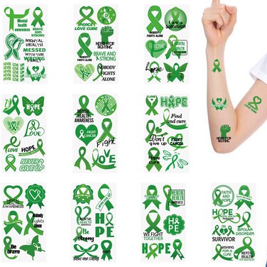 WANDIC 30 Sheets Green Ribbon Temporary Tattoos, Mental Health Awareness Tattoo Sticker Liver Cancer Environment Issue Awareness Stickers for Charity Eveny