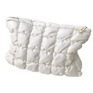 Cute Cosmetic Bag for Women, Soft and Fluffy Travel Makeup Bag with Durable Zipper, Essential Skincare and Toiletry Organizer Pouches (off-white)