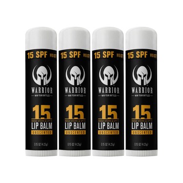 Warrior SPF 15 Lip Balm - Unscented Chapstick Made from Purified Beeswax in USA - Protects Against Wind, Cold, Heat, and UV Rays - Premium Lip Sunscreen Used by Military (0.15 OZ Tube) - Pack Of 4