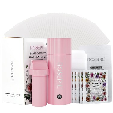 Rosepil Roll On Floral Hair Removal Wax Heater Kit with Wipes and Non-Woven Strips (Pink)