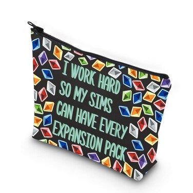 WCGXKO Video Game Gift Sim Game Gift Funny Gaming Zipper Pouch Sims 4 Plumbob Pattern Makeup Bag For Gamer (I WORK HARD)