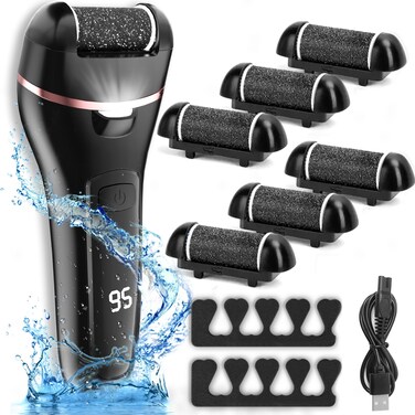 Rechargeable Electric Callus Remover for Feet with 6 Roller Heads, Dual-Speed Foot File, Waterproof Pedicure Kit for Smooth Skin and Foot Spa