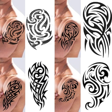4 Pack Stick on black temporary tattoo maui tribal body art sticker transfer for arms shoulder aztec polynesian samoan hawaiian for adult men and women (4 x all tribal tattoo designs)