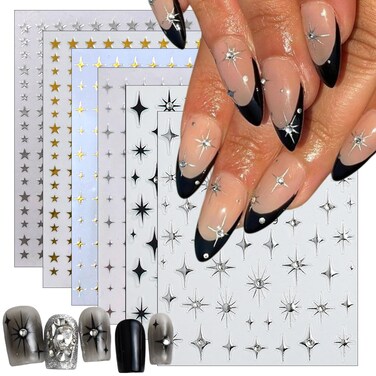 6Sheets Rhinestones Star Nail Art Stickers,3D Self-Adhesive Glitter Gold Silver White Black Stars Nail Art Design Decals Star Stickers for Acrylic Nails Art for Women Girls DIY Manicure Decorations