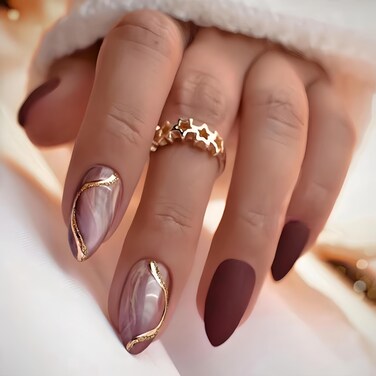 Golden Line Press on Nails Medium Almond Marble Fake Nails Brown Matte False Nails Golden Line Full Cover Summer Acrylic Nails Reusable Glue on Nails for Women Girls DIY Manicure Art Decoration 24Pcs