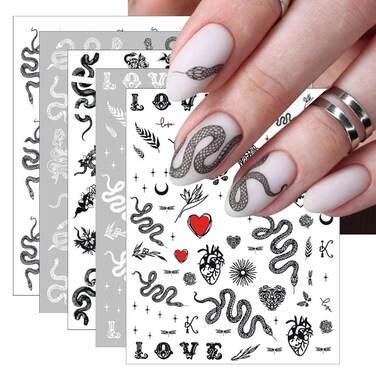 5Sheets Snake Nail Art Stickers 3D Self-Adhesive Rose Nail Sticker Nail Decals Butterfly Design Nail Supplies Cartoon Animal Nail Decoration for Women Manicure DIY Accessories