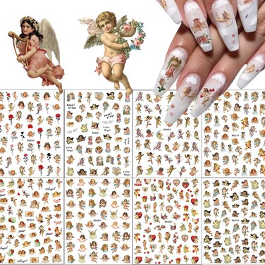 8 Sheets Angel Nail Stickers 3D Self-Adhesive Cupid Nail Art Stickers Decals Rose Flowers Love Heart Wings Nail Art Design Stickers Valentine's Day Nail Decorations for Women Acrylic DIY Manicure