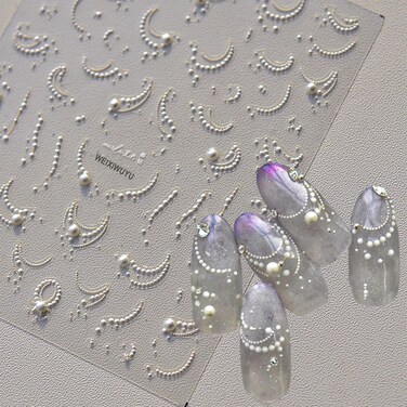 White French Tips Pearls Nail Art Stickers 5D Embossed Romantic Nail Stickers Line Nail Decals Design Nail Accessories for Women Valentine's Day Nail Art Decoration