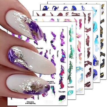 6pcs Colorful Marble Nail Stickers for Women 3D Bronzing Silver Marble Nail Decals Blooming Nail Art Stickers Self Adhesive Stickers for Nails Watercolor Smudge Nail Sticker Nail Designs Nail Supplies
