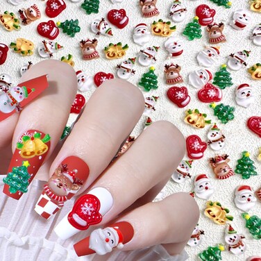 60pcs 3D Cartoon Christmas Nail Charms, Cute Elk Snowman Christmas Nail Art Charms Santa Claus Nail Charm Xmas Tree Gloves Christmas Bells Resin Charms for Nails Kawaii Nail Charms Nail Accessories