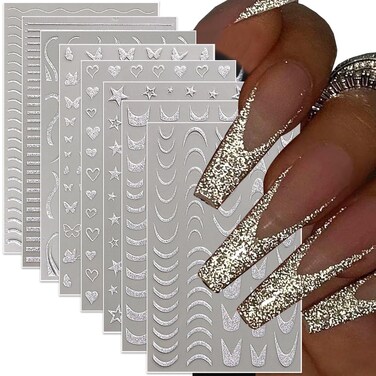 3D Glitter Silver French Nail Stickers for Women Nail Design Reflective French Nails Stickers Heart Butterfly Star Nail Stickers Wave Stripe Nail Art Stickers Swirl Lines Nail Decals Nail Supplies