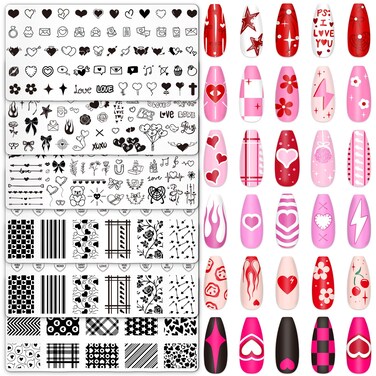 Whaline 6Pcs Happy Valentine Nail Plates Stamping Set Love Heart Stamp Templates Nail Art Plates for DIY Print Manicure Salon Design