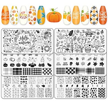Whaline 6Pcs Fall Thanksgiving Theme Nail Art Stamping Plate Kit Various Pattern Pumpkin Maple Autumn Blessing Collection Nail Art Plate for Thanksgiving Day Nail Art Design DIY Print Manicure Salon