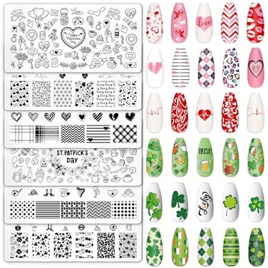 Whaline 6Pcs St. Patrick's Day Valentine Nail Art Stamping Plates Kit Love Heart Spring Shamrock Image Stamp Templates Nail Art Plates Set for DIY Print Manicure Salon Design