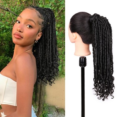 WIGER Faux Locs Ponytail Hair for Black Women Twisted Black Ponytails Clip In Dreadlock Ponytail Extensions 18 Inch Wrap Around Faux Locs Ponytails Goddess Locs with Curly Ends
