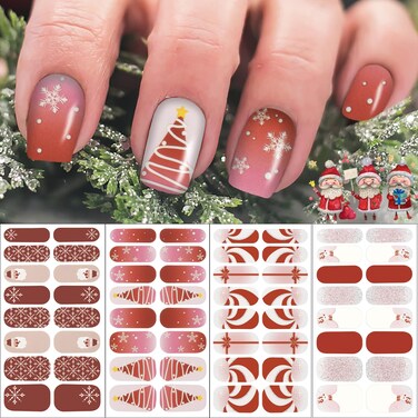 winthrop 8 Sheets Christmas Nail Wraps Full Stickers Nail Polish Strips, DIY Self-Adhesive Nail Art Glitter Decals Snowflake Santa Claus Xmas Tree Party Decor with 2 Pcs Nail Files (128 Pieces)