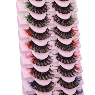 wiwoseo False Eyelashes Colorful Russian Strip Lashes Colored Faux Mink Lashes Natural Wispy Fluffy 18MM 3D Effect Color Fake Eyelashes for Festival 10 Pairs Pack