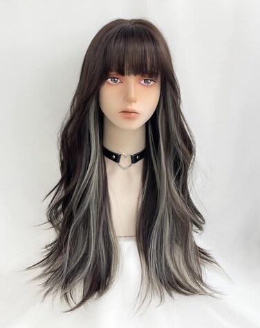 WKLOUYHE Long Wavy Wig for Women Synthetic Curly Wig with Bangs Fibre Cosplay Wig for Girls Daily Use Colorful Wigs (Black+Brown+White)
