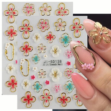 2 Sheets Spring Nail Stickers for Nail Art - Flower Nail Art Stickers Spring 5D Embossed Nail Decals Gold Rim Floral Manicure Supplies Flower for Nails Decoration