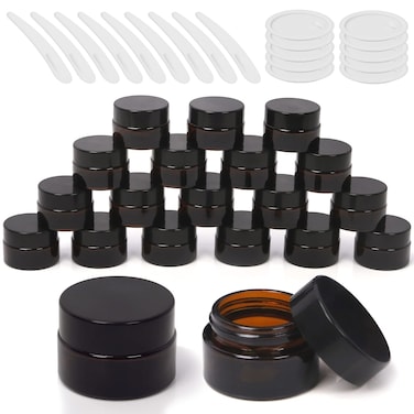 20Pcs 5ml Round Glass Jars with Liner Lids Spoons, 0.17oz Amber Refillable Cosmetic Storage Jars for Cream Lotion Liquid Powder