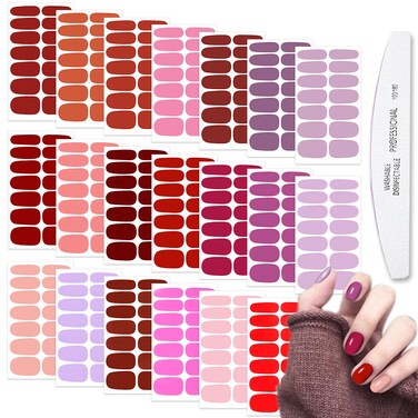 WOKOTO 20 Sheets Red Series Solid Color Full Nail Wraps with Nail File Self-Adhesive Nail Stickers Real Nail Polish Strips for Women Nails Art