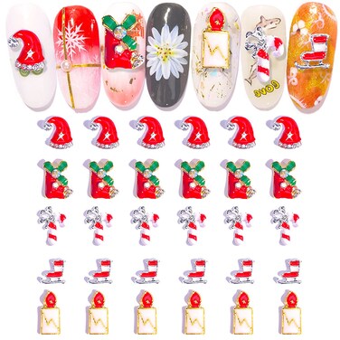 WOKOTO 30pcs Christmas Nail Charms for Nail Art 3D Nail Jewels for Acrylic Nails Christmas Hat Socks Candy Canes Nail Jewels for Nail Art Charms for Nails 3D Nail Charms Christmas Nail Art Gems