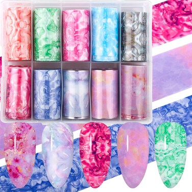 WOKOTO 10 Rolls Aurora Marble TRANSfer nail sticker full nail wraps nail foil nail art for women nail design stickers grandient nail transfer foils for nails decals for nail art (1.57inch&times;39.4inch)