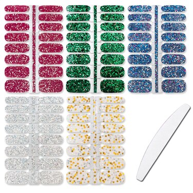 WOKOTO 5 Sheets Nail Polish Strips Set with 1pc Nail File Glitter Sequins Design Gel Nail Wraps Stick On Nail Polish Stickers Tips Nail Accessoriy Nail Gel Strips for Nails Full Nail Stickers