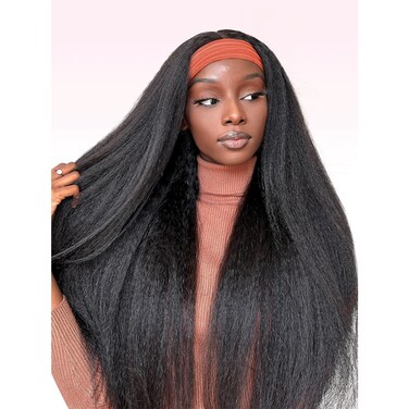 Headband Wig Human Hair 28 Inch Kinky Straight Human Hair Headband Wigs for Black Women 180% Density Wear and Go Glueless Yaki Straight Headband Wig Human Hair Machine Made Natural Black