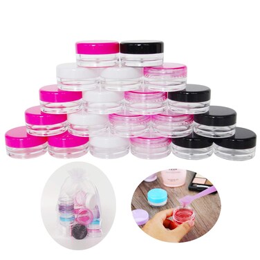 20pack 3g Empty Sample Jars, 3ml Small Cosmetic Container for Makeup Eyeshadow Nails Oils Lip Balm Scrubs Jewelry Cream, 3 Gram Plastic Clear Pot with Cap Lid (Black/White/Pink/Rose Red)