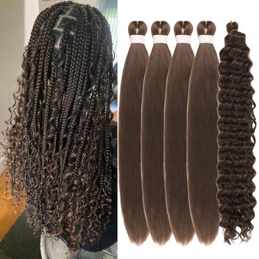 Brown Braiding Hair Pre Stretched for Boho Braids Synthetic Prestretched EZ Braiding Hair for Bohemian Braids Goddess Braids Knotless Box Braids (Total 5 Packs)