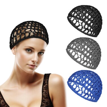 3Pcs Soft Rayon Crocheted Sleep Caps - Elastic Mesh Hair Snoods for Women &amp; Men's Hair, Including Thick, Long, Short or Curly