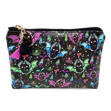 Cute Small Cosmetic Bag Mini Makeup Bag for Women and Girls,PU Leather Small Travel Toiletry Bag Accessories Organizer with Zipper Tassel (Gothic Bats)