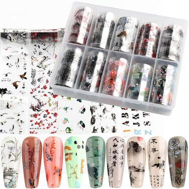 10 Rolls Traditional Chinese Style Nail Foil Transfer Stickers Ink Painting Chinese Characters Pattern Nail Foil Sheets Transfer Foils Stickers Classical Nail Art Decorations Nail Supplies