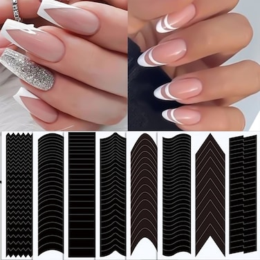 6 Sheets French Tip Nail Art Stickers French Tip Nail Stencils Decals Self-Adhesive French Nail Strips Moon V Shape Design Nail Guides Tool for Women Girls Nail Art Accessories