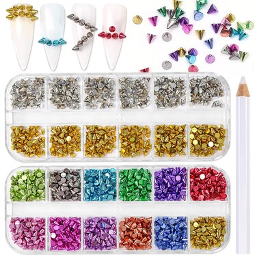 2 Boxes Metal Spike Studs Alloy Gold Silver Cone Nail Charms Colorful Spike Studs Nail Charms for Nails Flat Base Punk Cone Nail Rivets with Picker Pencil for Women Nail Art