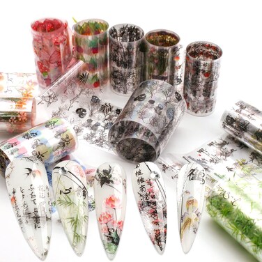 10 Rolls Flower Nail Foil Transfer Stickers Flower Bamboo Ink Painting Pattern Nail Foil Sheets Transfer Foils Stickers Spring Nail Art Decorations Nail Supplies