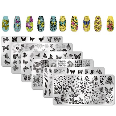 6pcs Butterfly Nail Stamping Plate Kit - Butterfly Flower Bird Feather Leaf Image Plates Nail Stamper Kit