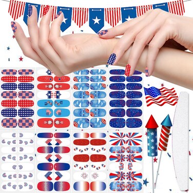 112 Pieces 8 Sheets Independence Day Nail Polish Strips American Flag Patriotic Nail Strips Self-Adhesive Nail Wraps Nail Polish Stickers for 4th of July