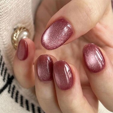 Cat Eye Press on Nails Short Oval Ruby Purple Fake Nails Acrylic Glue on Nails with Silver Glitter Designs Nails Press ons for Women Daily Wear 24 Pcs