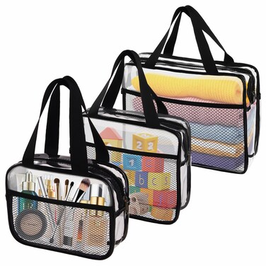 XEWEA Large Small Clear Travel Toiletry Bags with Handles &amp; Pocket, 3PCS TSA Approved Transparent Makeup Bag for Men Women,Waterproof PVC Quart Organizer with Zipper for Toiletries Airline Essentials