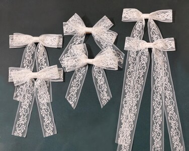White Lace Tulle Hair Bows with Long Tail Ribbons, Metal Bowknot and Tassel Barrettes for Women