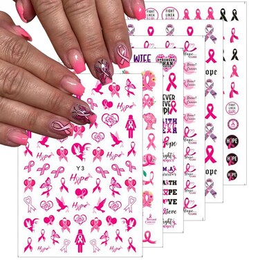6 Sheets Breast Cancer Nail Art Stickers,3D Self-Adhesive Pink Ribbon Nail Stickers Love Heart Nails Design Stickers Breast Cancer Awareness Nail Art Supplies Set for Women Girls DIY Manicure Decor